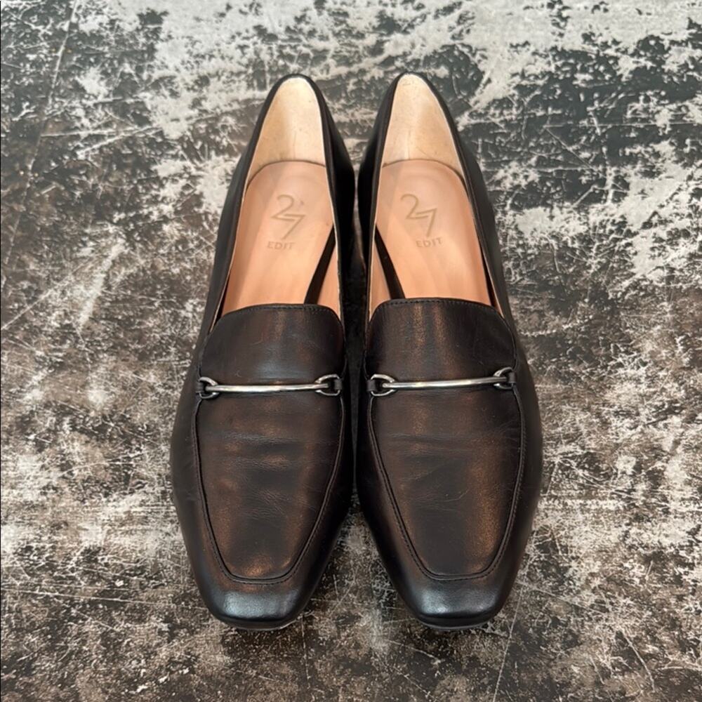 27 Edit Black Leather Loafers w/Silver Heel Size 8.5